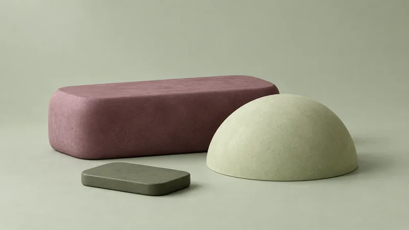 Dusty plum block, pistachio hemisphere and dark olive tile resting on a pale sage surface